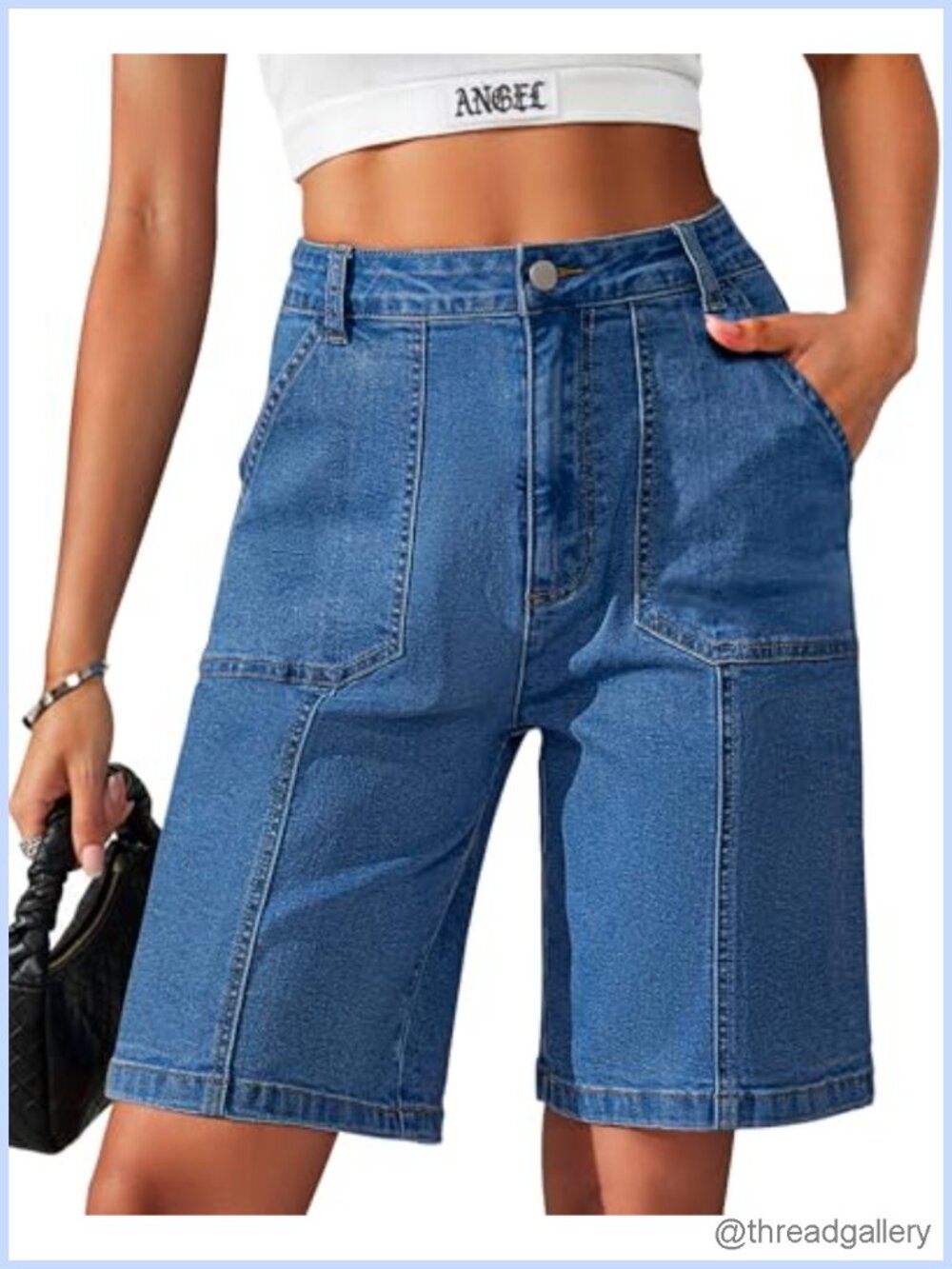 Women's Bermuda Shorts Denim Cotton Blend Knee Length Jorts 9" Inseam with